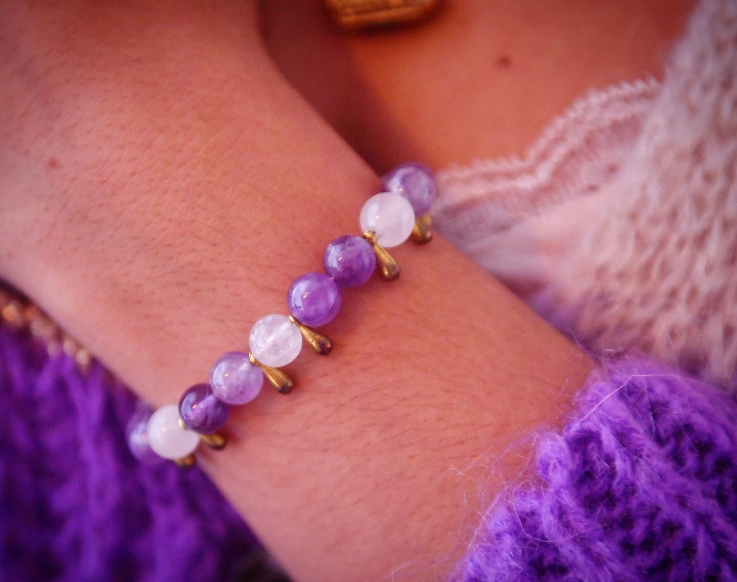 bracelet féminin sur mesure 🌸 : en quartz rose 💗 et améthyste 💜