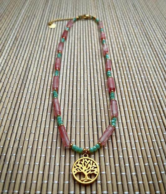 collier talisman 🧿 : arbre de vie en jade teinté rose 🌳💗