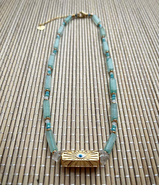 collier talisman 🧿 : mati en jade teinté bleu 🧿💙